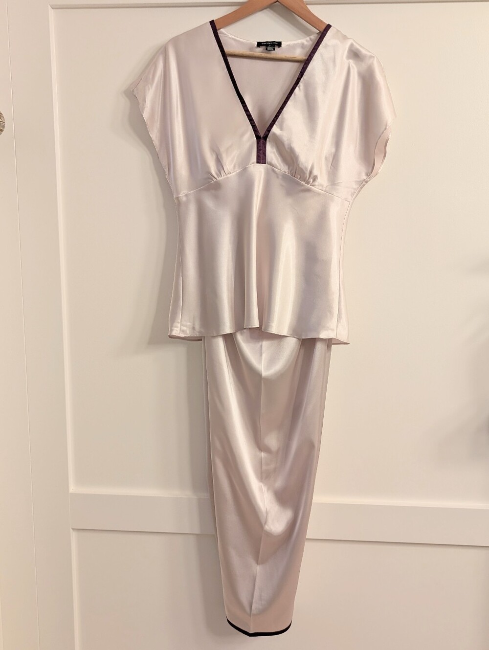 Glamorous Satin Two-Piece Lounge Set in Blush with Plum Trim